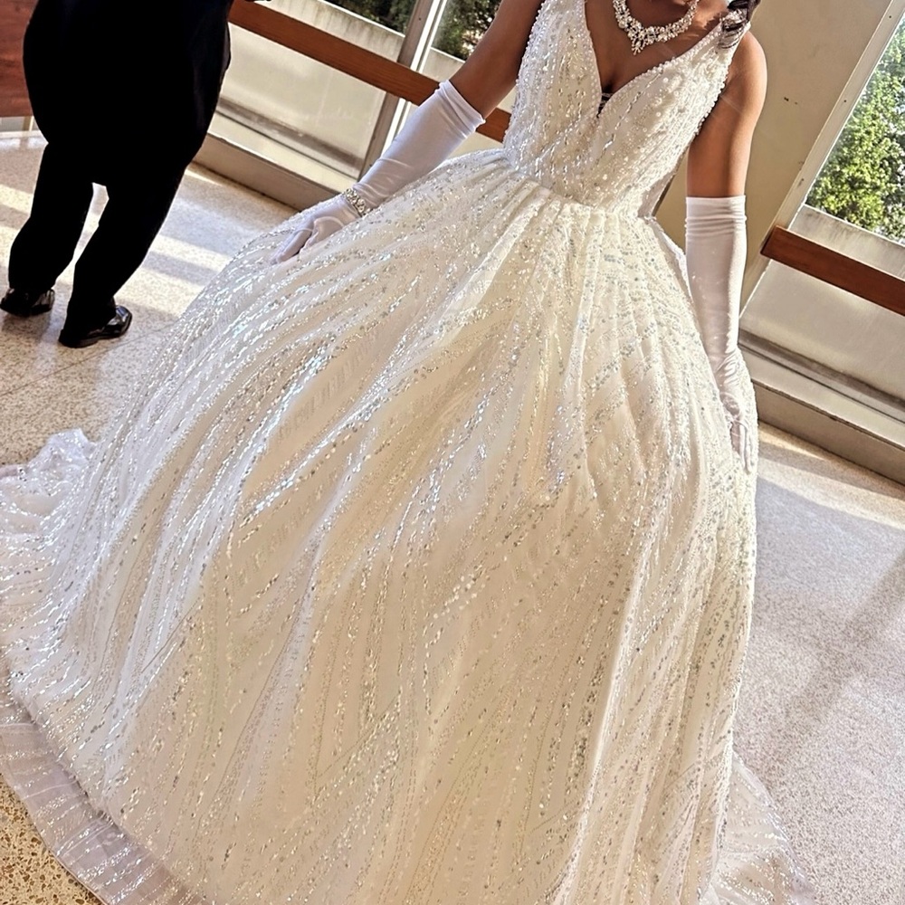 Cinderella gown. Handmade, off white with silver crystal beading.